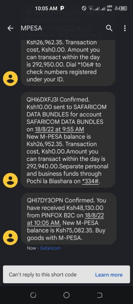 pinfox kenya mpesa payment proofs